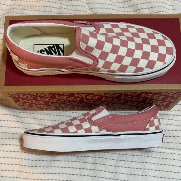 Vans Women’s Rose-Pink and White Checkered Slip-On Sneakers - Picture 2 of 5